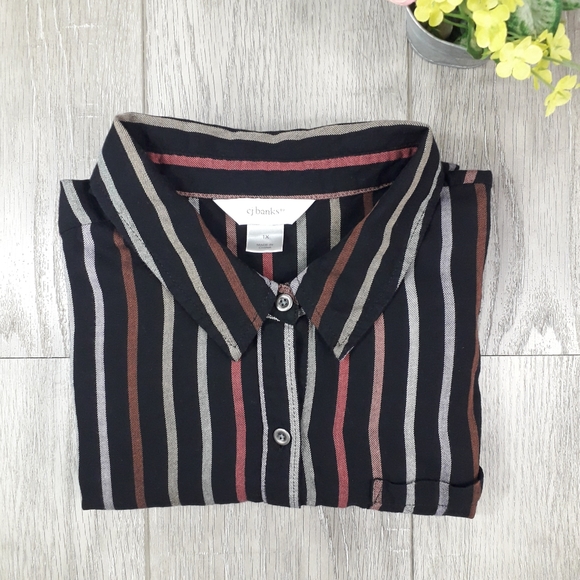 CJ banks | Black color block button down quarter sleeve top - Picture 10 of 11